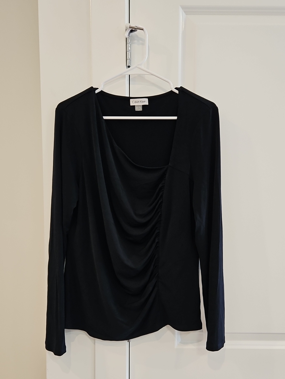 Calvin Klein Black Long-Sleeve Draped Ruched Front Top